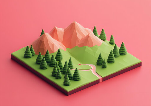 低多邊形山脈和森林景觀