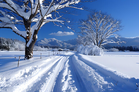 白雪皚皚的鄉(xiāng)村公路，光禿禿的樹(shù)木和遠(yuǎn)處的山脈