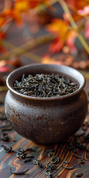 黑茶葉在一個(gè)陶瓷碗里放在木質(zhì)桌子上