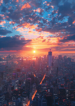 夕陽下的城市天際線