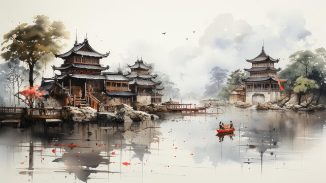群山環(huán)繞的中國鄉(xiāng)村河岸景象