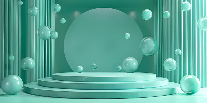 空曠舞臺(tái)3D渲染，帶講臺(tái)和綠色窗簾