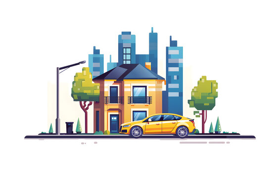 城市中黃色汽車停在房屋前