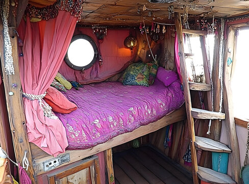 木制小屋里的粉色床