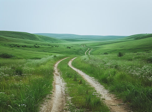 蜿蜒穿過(guò)郁郁蔥蔥的綠色草地的土路