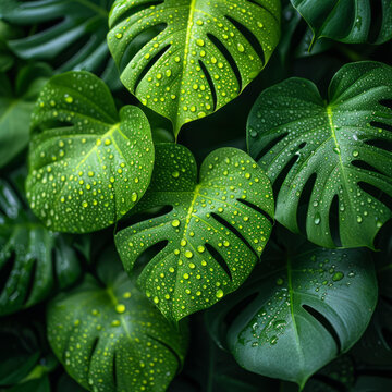 雨滴滴落在熱帶雨林翠綠的蕉下龜背竹葉子上