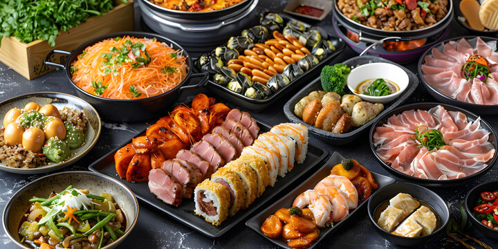 自助餐桌上的各種食物，包括壽司、蝦和牛排