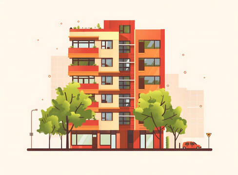 現(xiàn)代建筑樹木和紅色汽車