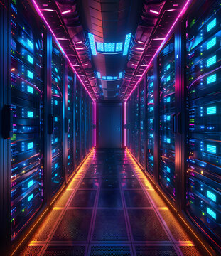 服務器機房的霓虹燈光