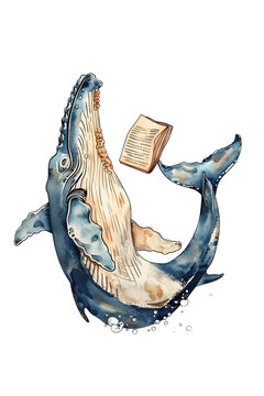 [免摳素材]水彩鯨魚閱讀書籍