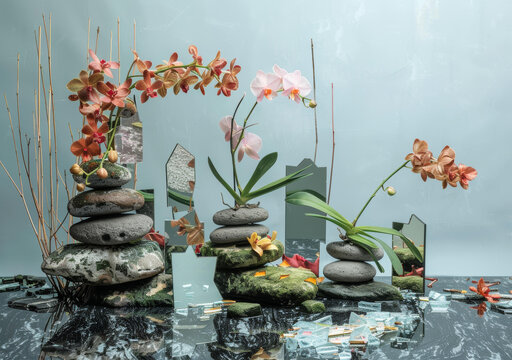 蘭花和石頭在有水的鏡面上的