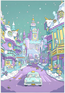 卡通冬季雪景城市街景