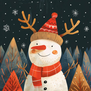 戴紅帽子和圍巾的可愛雪人在雪地森林里