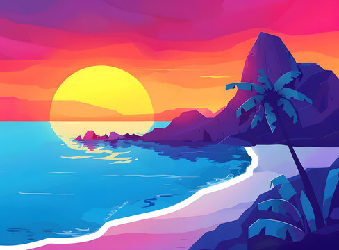 日落海灘棕櫚樹風景畫