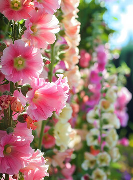 夏季花園里盛開的粉色蜀葵花