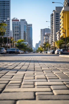 陽光明媚的城市街道現(xiàn)代建筑和磚路