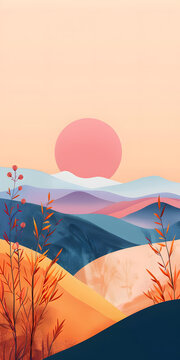 簡約風格的山脈日落景觀