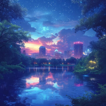 湖邊公園里的城市夜景