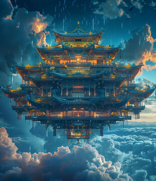 云海之上的中國(guó)風(fēng)浮空宮殿