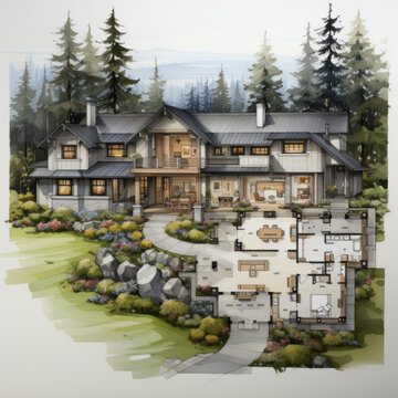 一棟現(xiàn)代住宅的平面圖周圍有美麗的風(fēng)景