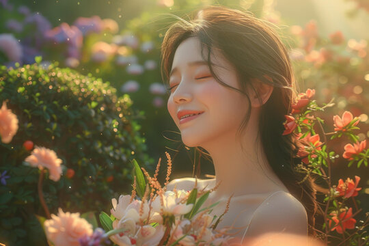 花園里微笑的亞洲女性肖像