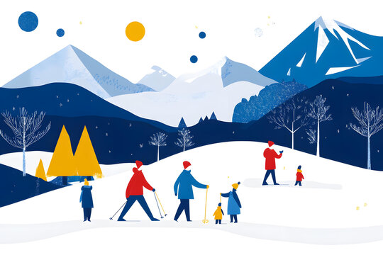 冬日山景下的家庭雪地場景