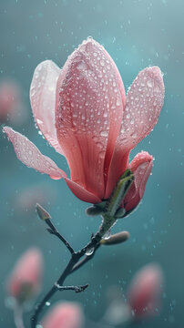 雨滴落在粉色的玉蘭花上
