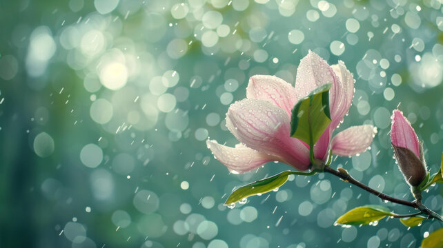 雨滴落在粉色的玉蘭花上