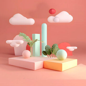 云朵棕櫚樹幾何形狀3D抽象