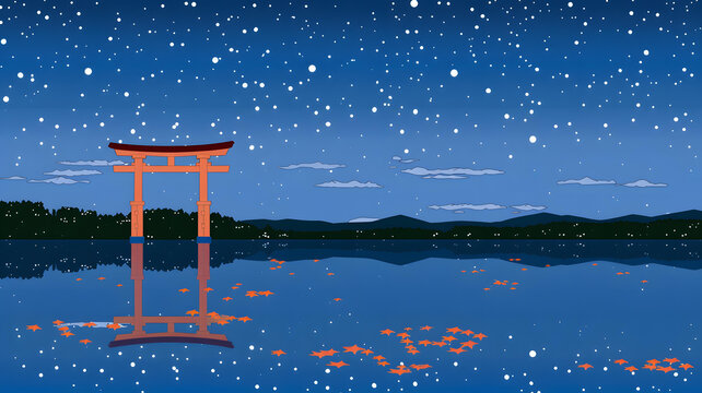 寧靜的夜晚，雪花飄落在湖面上，秋葉在湖面上漂浮，一座日式神社矗立在湖邊