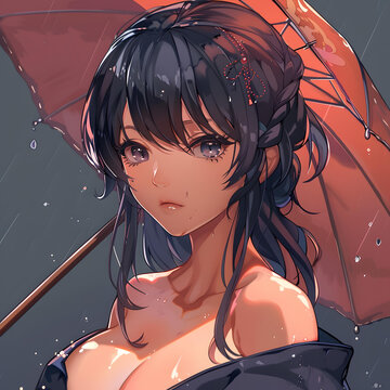 雨中撐傘的動漫少女