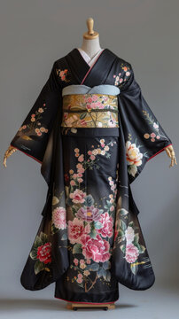 身穿花卉圖案和服的