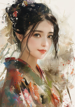 身穿和服、頭戴蝴蝶發(fā)簪、雙頰暈紅的亞洲女子