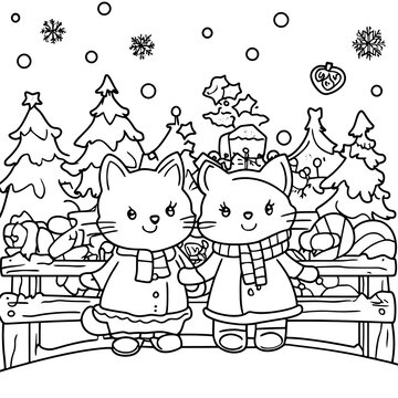 冬日雪景中兩只可愛的小貓圣誕場景