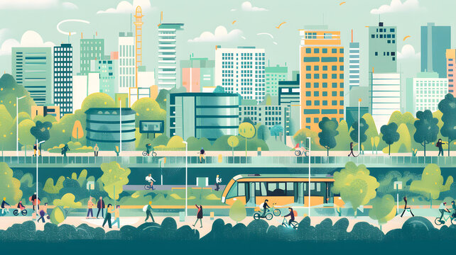 城市綠地空間，人物步行和騎自行車
