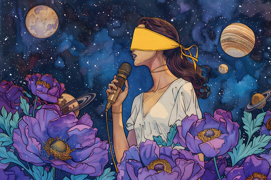 蒙著眼睛的歌手在行星和花朵中唱歌