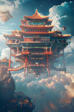 天空之上的中國風浮空宮殿
