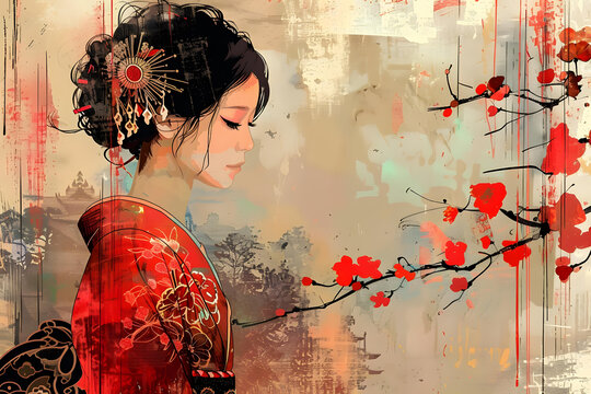 身穿紅色和服的日本藝伎插圖