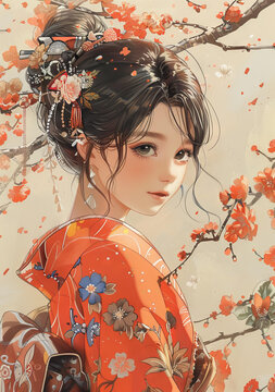 身穿和服的美麗日本女孩站在櫻花盛開的原野上。