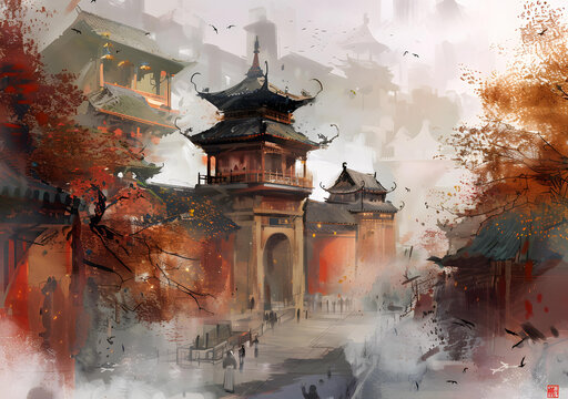 中國傳統(tǒng)建筑的繪畫，霧蒙蒙的風(fēng)景