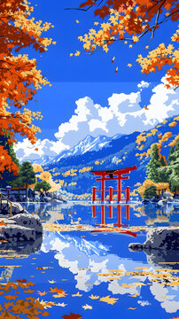 日本神社寧靜的秋天倒影