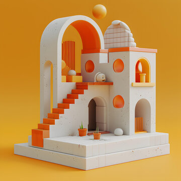白色和橙色的建筑的 3D 插圖