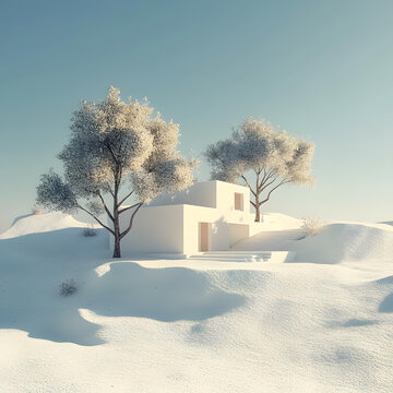 極簡主義白色房屋，樹木在雪地景觀