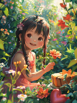 粉嫩花海中的動(dòng)漫少女
