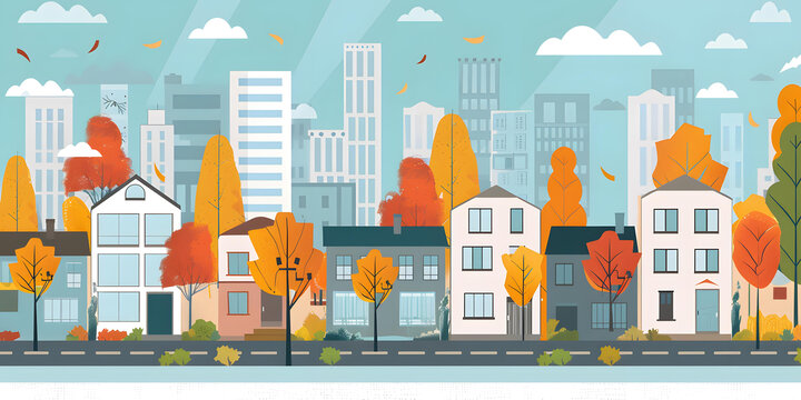 秋日城市景觀，色彩斑斕的樹(shù)木和建筑