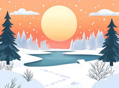 冬季雪景森林河流夕陽