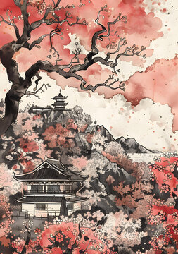 日本水彩畫風景畫，櫻花和寶塔