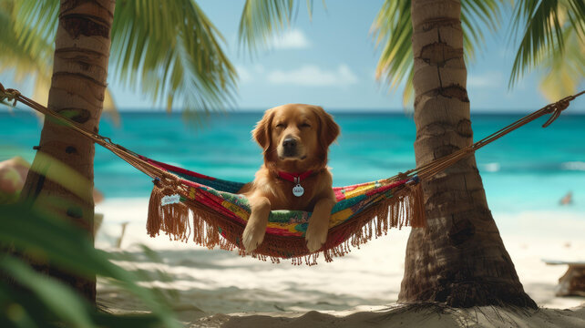 金毛獵犬在海灘吊床上乘涼