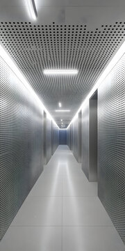 現(xiàn)代建筑走廊設(shè)計(jì)，金屬穿孔板和白色燈光