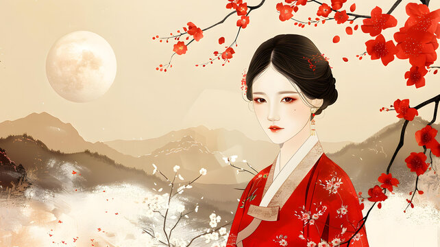身穿紅色傳統(tǒng)服飾的美麗韓國(guó)女子在月光下盛開(kāi)的彼岸花田中